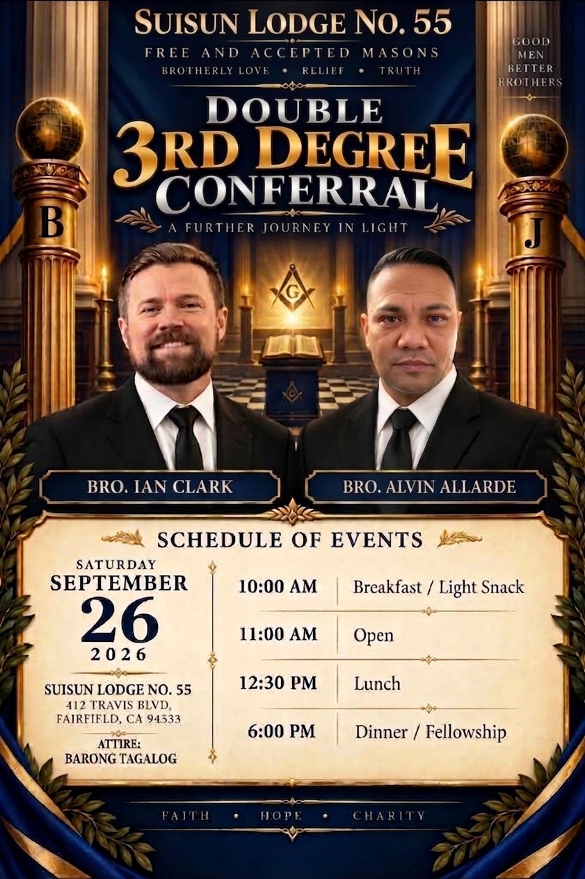 Suisun Lodge No. 55 3rd Degree Conferral flyer for Bro. Ian and Bro. Alvin on September 26, 2026